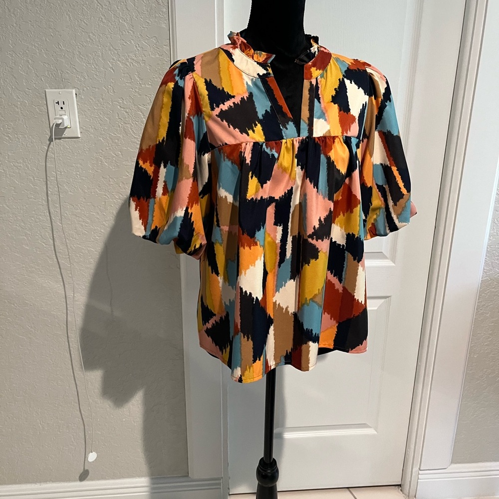 THML Multicolor Geometric Puff Sleeve Blouse in Mustard, Navy & Coral